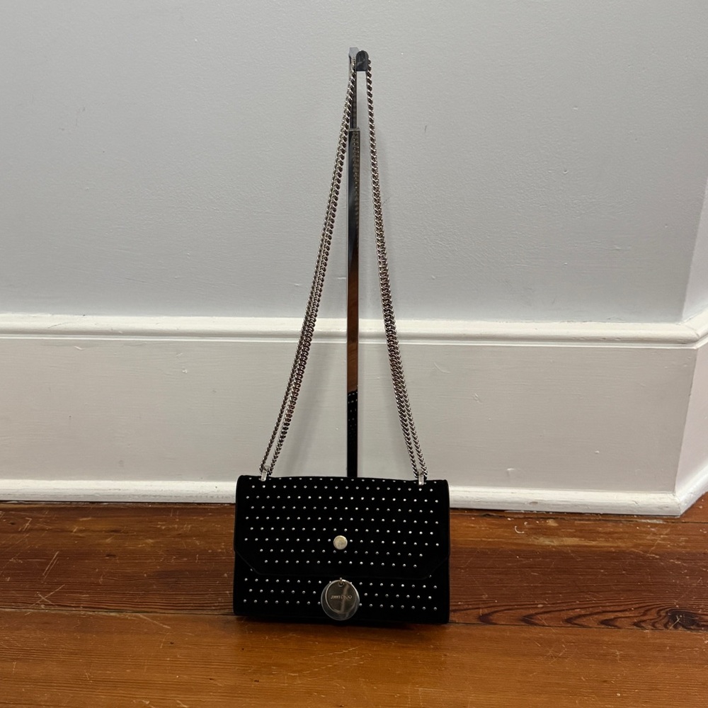 Jimmy Choo Black Suede Leather Silver Studded Finley Mini Crossbody Bag Chain - Picture 10 of 12